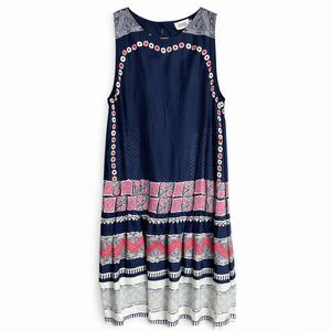 NorBlack NorWhite Viscose Midi Shift Dress Embroidered Tribal Navy Women S